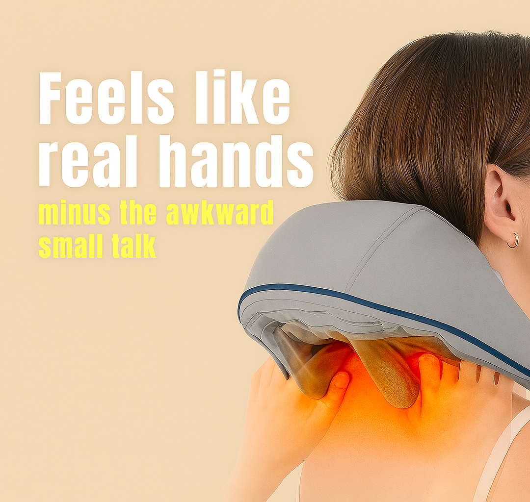 Person using a neck and shoulder massager with text on a beige background