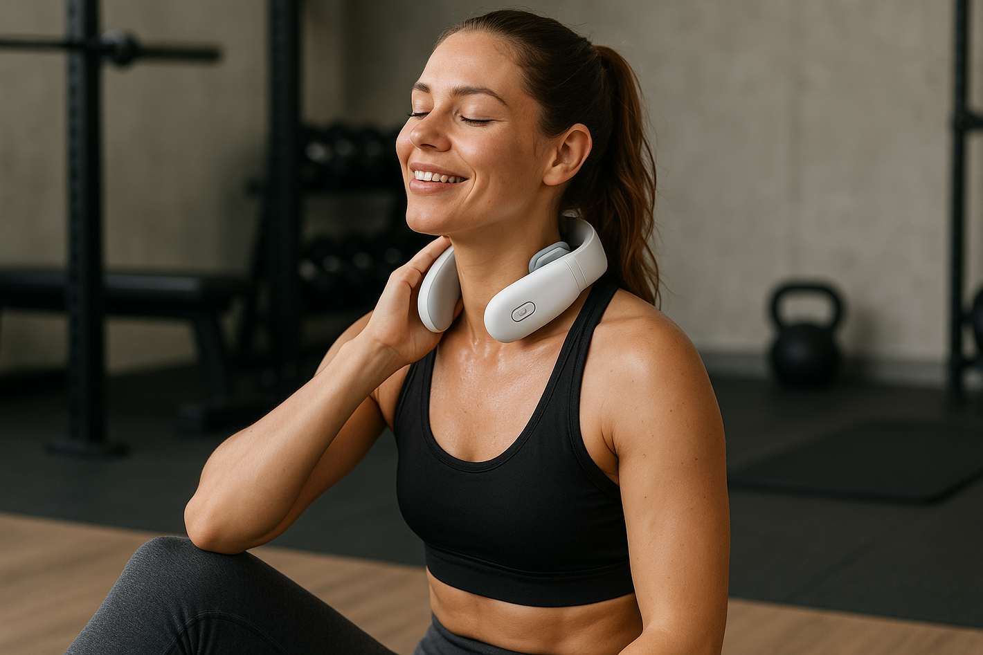 Fitness enthusiast using neck massager post-workout